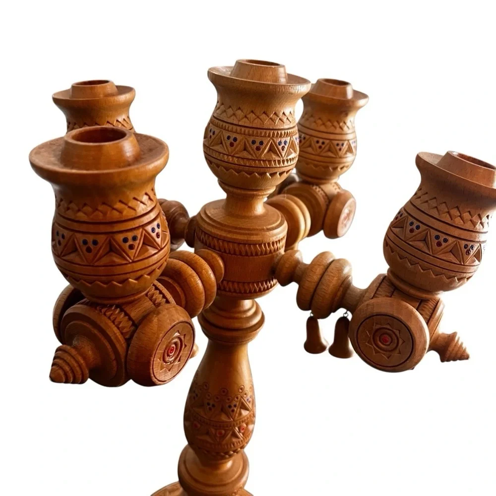 Large 14” Scandinavian German Turned Wood Beaded 5 Arm Candelabra